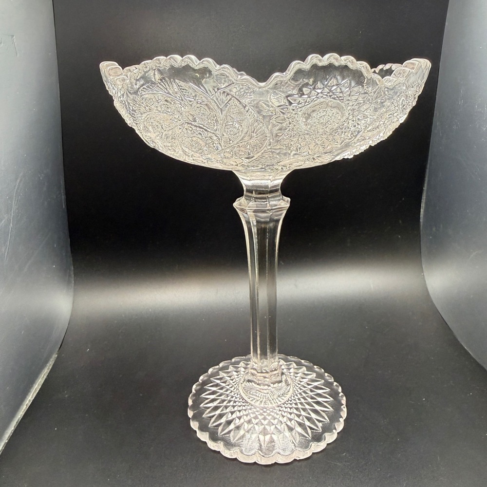 Vintage Clear Pressed Glass Compote Pinwheel Star Scalloped Pedestal Candy Dish
